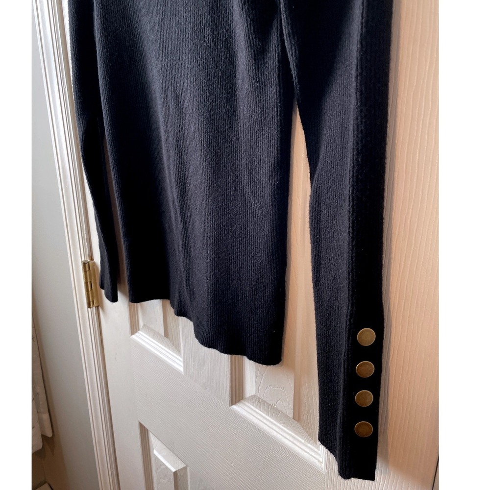Women's Medium Black Ribbed Knit Crew Neck Sweater Gold Button Cuffs Minimalist - Picture 8 of 13